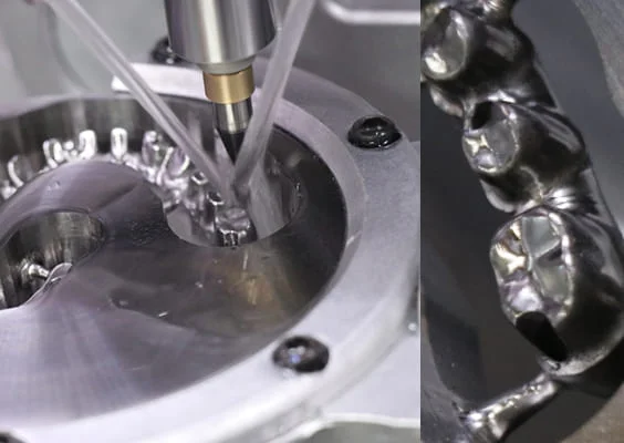 Wet milling process and metal crown results, highlighting precision in dental restorations