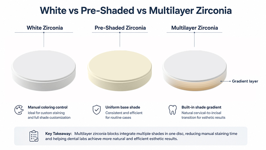 Comparison of white zirconia, pre-shaded zirconia, and multilayer zirconia blocks