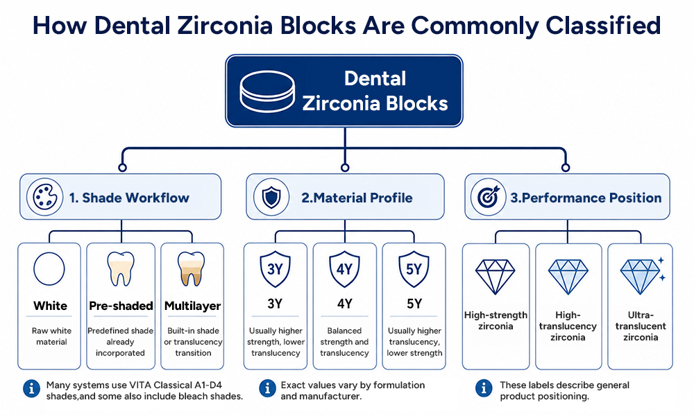 Dental zirconia blocks classification by shade workflow, yttria content, strength, and translucency