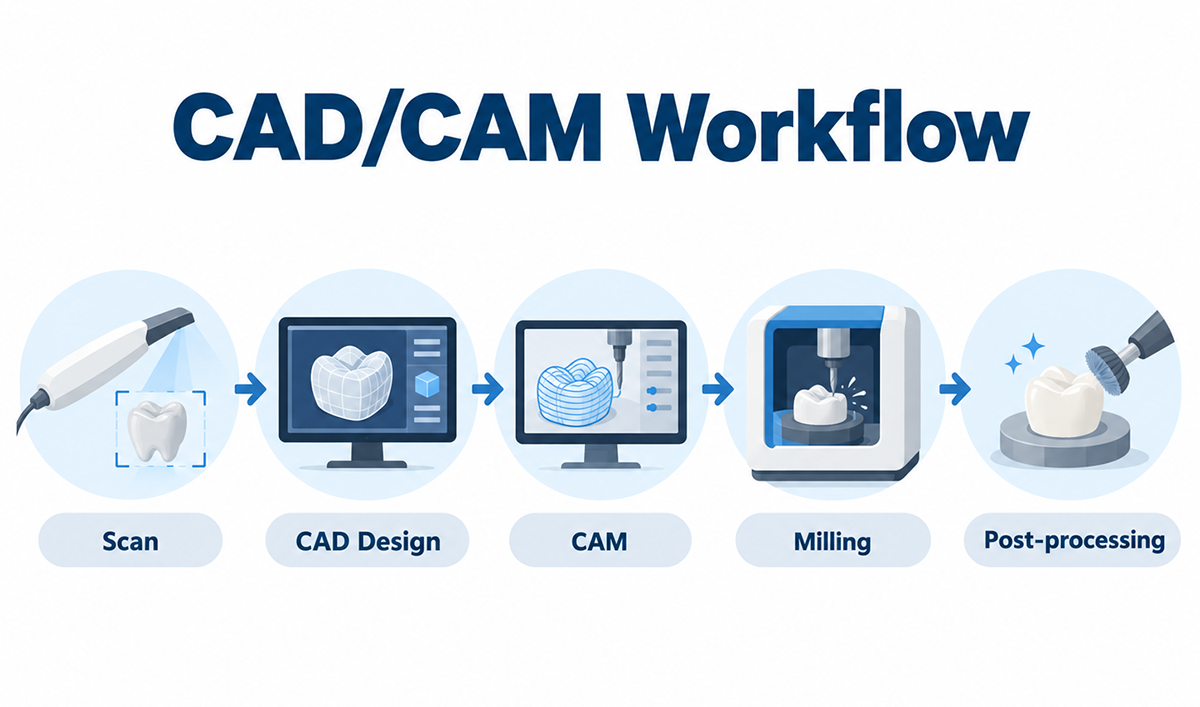 Dental milling machine CAD CAM workflow from scanning and design to milling and post-processing