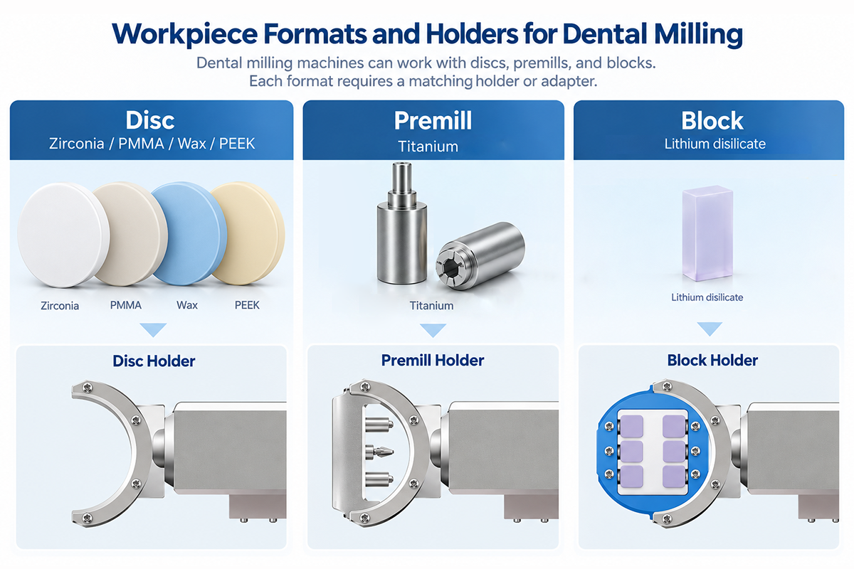 Dental milling workpiece formats with compatible disc, block, and premill holders