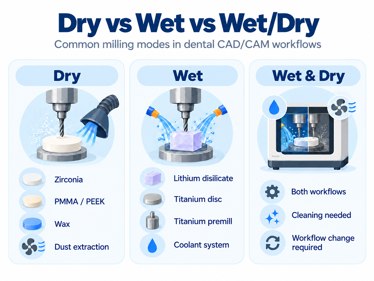 Classification of dental milling machines by dry, wet, and combined wet and dry milling modes